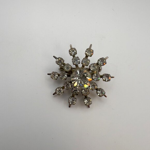 Vintage 50s Prong Set Rhinestone Brooch Starburst Silver Snowflake Atomic Pin - Picture 4 of 10